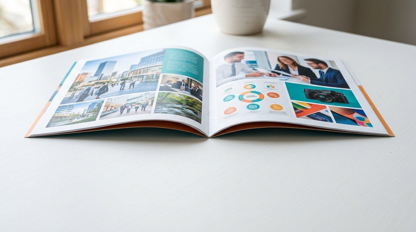 Openliggende full-color brochure op een tafel