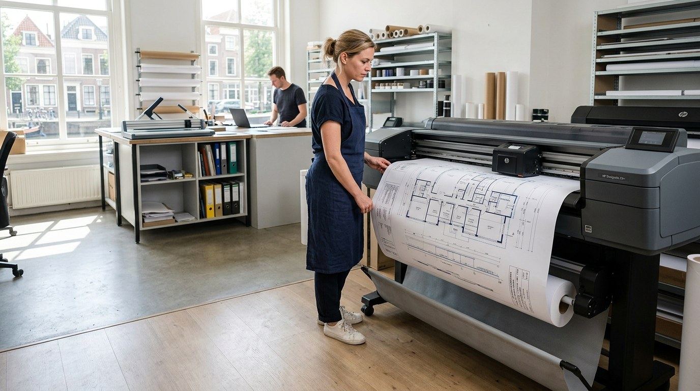 Grootformaat plotter die een bouwtekening print