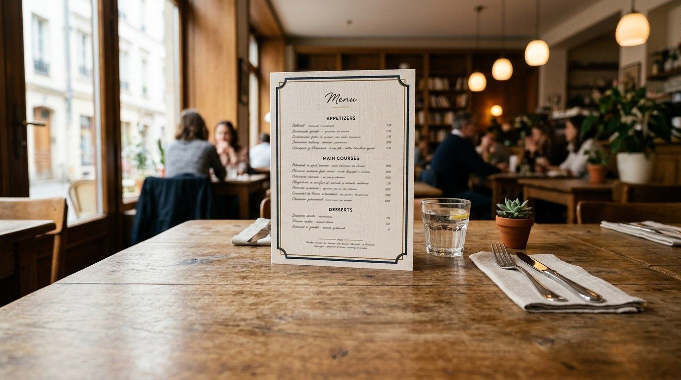 Menukaart op een cafétafel in zacht daglicht