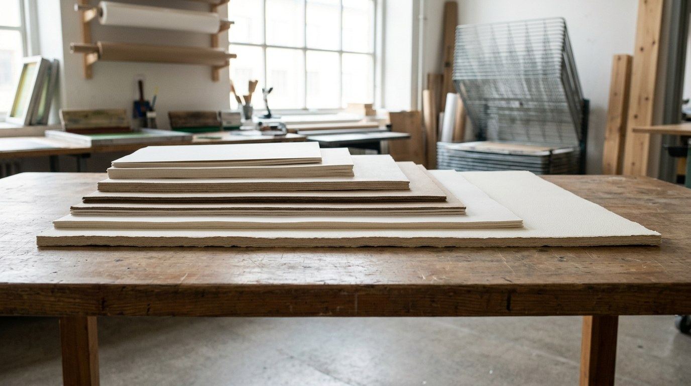 Stapel papierformaten van groot naar klein in een printwerkplaats