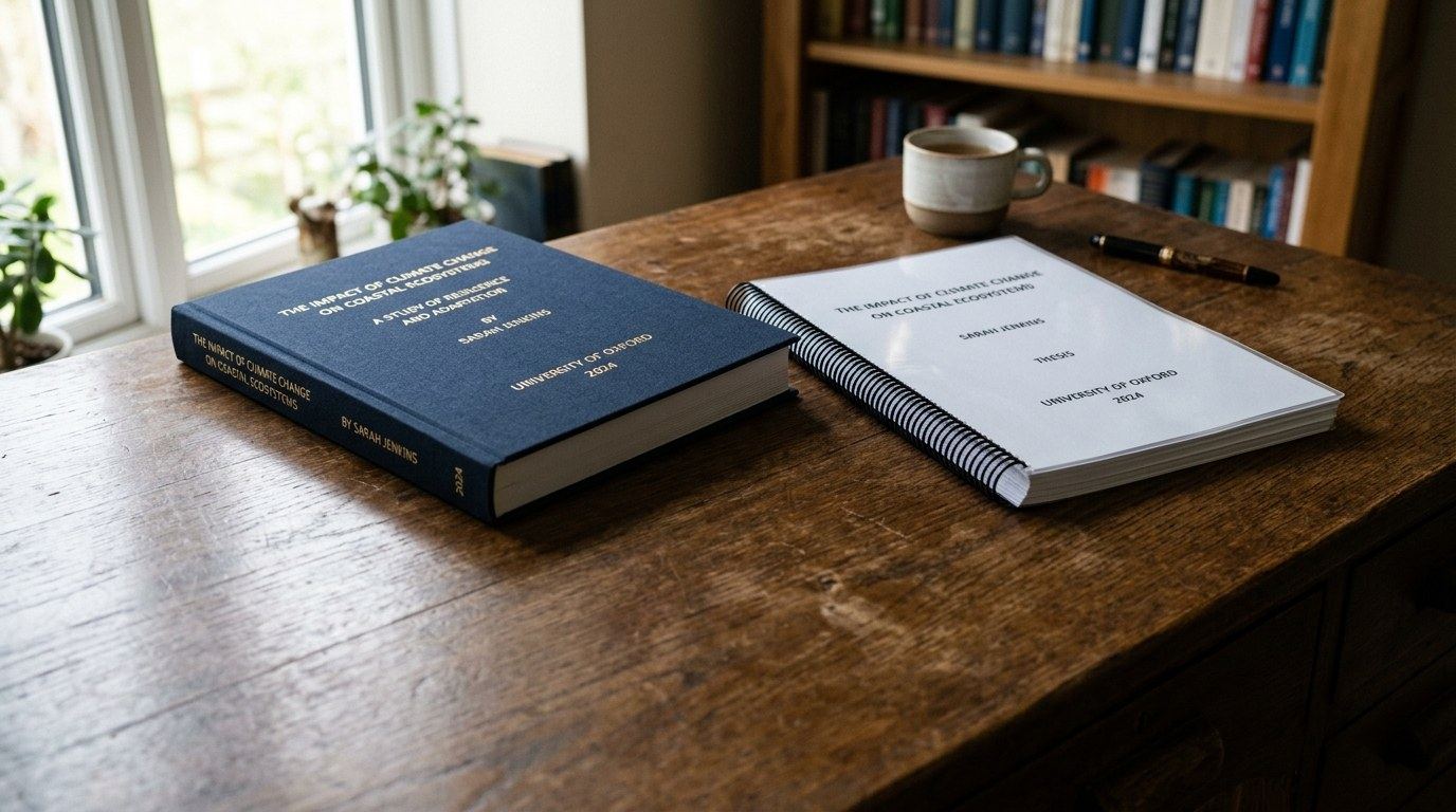 Ingebode scriptie hardcover en spiraalband op een bureau