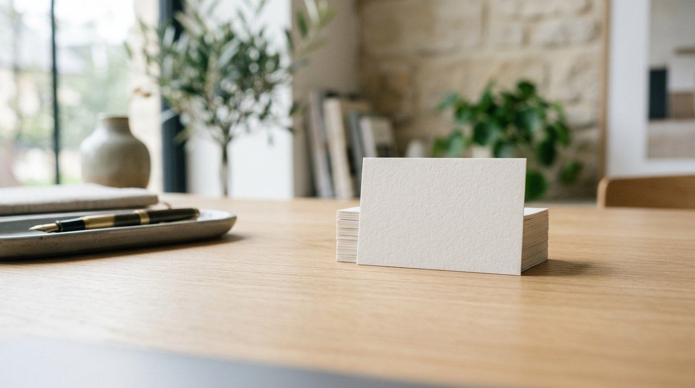 Visitekaartjes op een bureau, klaar om te drukken